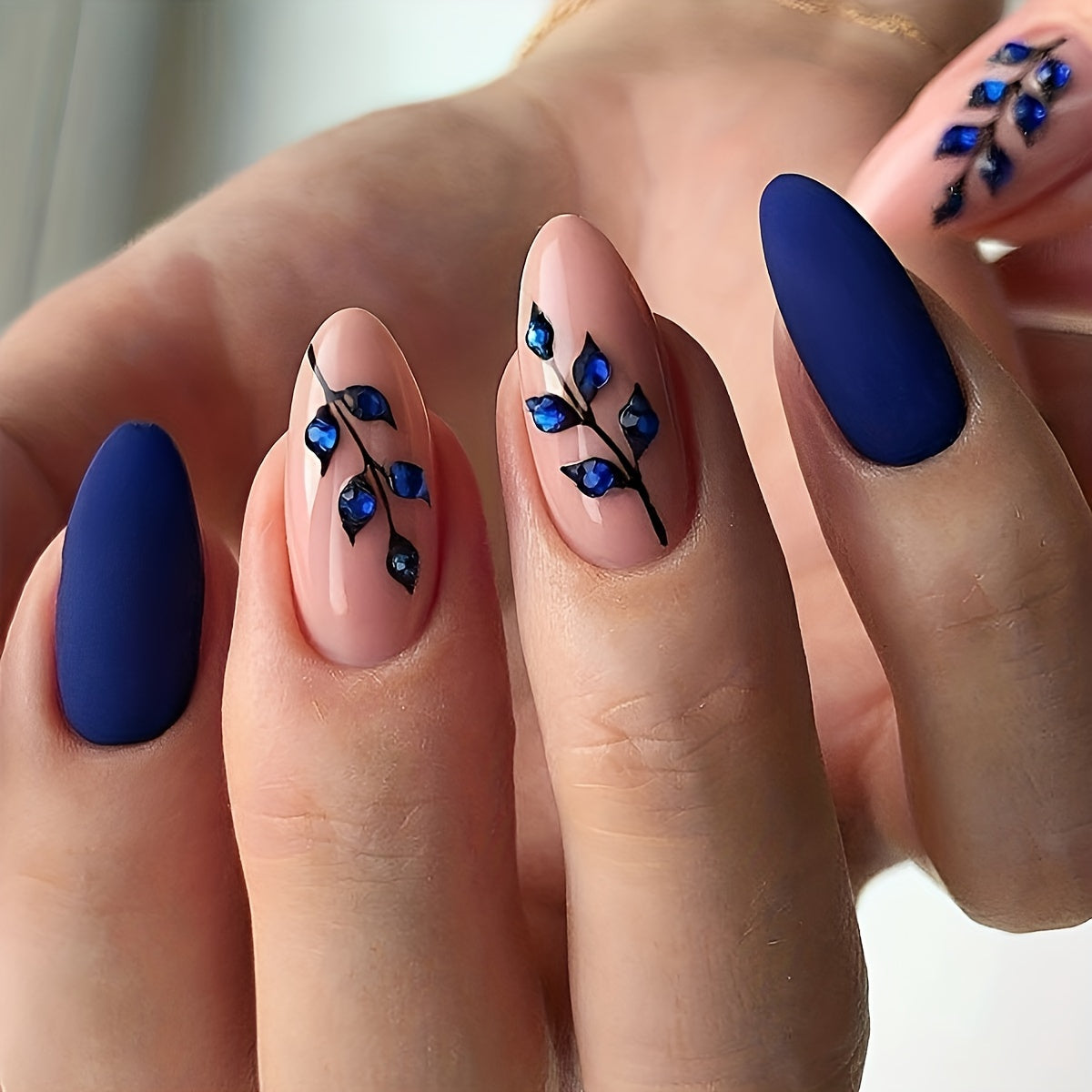 TEMU 24pcs Almond Shaped Press On Nails Set For Women & Girls - Short Length, Blue & Nude Tone, Glossy Finish With Glitter Plant Pattern - Full