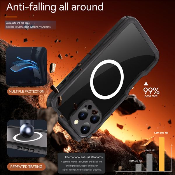 Magnetic Waterproof Phone Case for iPhone 16 Pro Max 5G Outdoor 2 in 1 Rope Snowproof Full Protective Transparent Hybrid Armor Shell Support