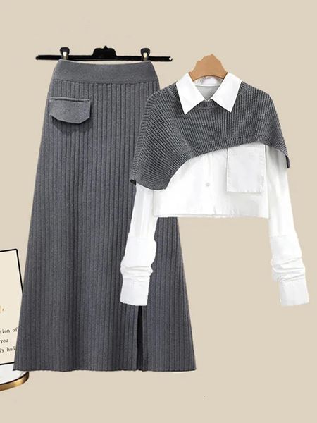 Two Piece Dress Two Piece Dress Spring Autumn Large Size Women&#039;s Shawl Shirt Three piece Set High Waist Knitting Half body Skirt Set Wo