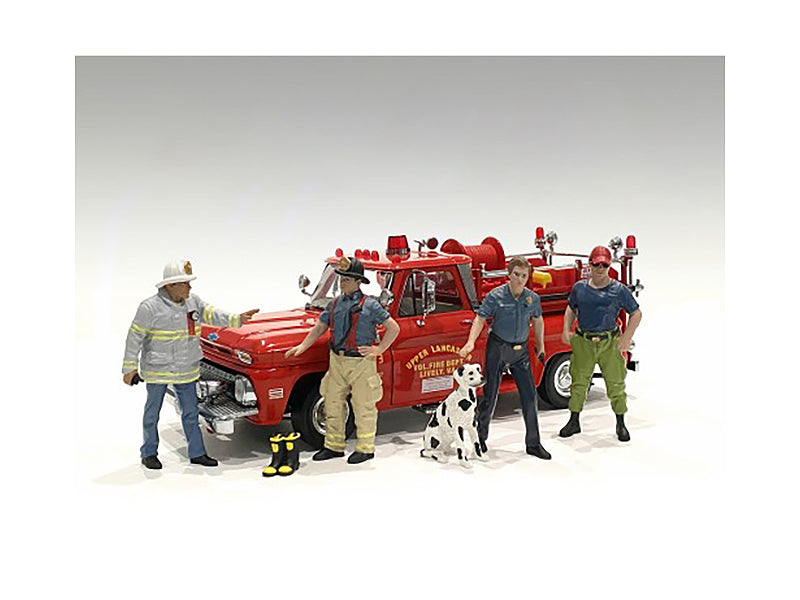 "Firefighters" 6 piece Figure Set (4 Males 1 Dog 1 Accessory) for 118 Scale Models by American Diorama