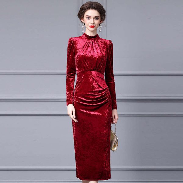 Golden Velvet Butt Wrapped Skirt 2024 Autumn High End Lace Stand Up Collar Wide Lady Dress Shows Off Her Figure Bifurcated Waist Short BOHO