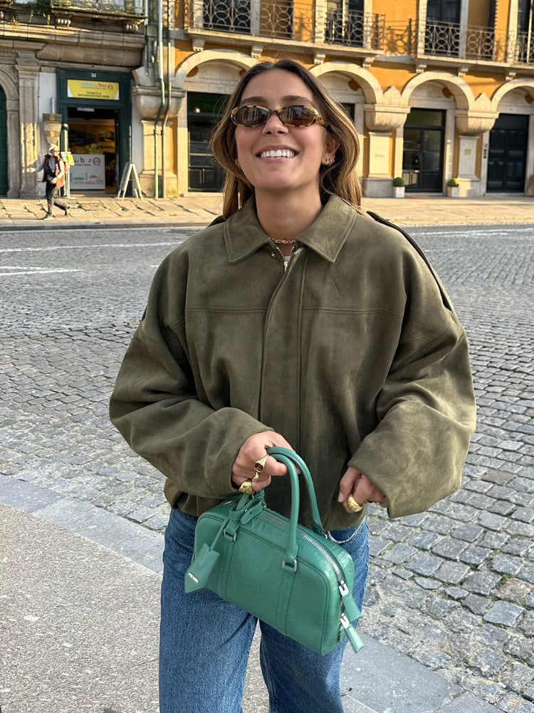 Fashion Suede Zipper Bomber Jacket For Women Vintage Turn Down Collar Long Sleeve Coats Lady New Street Chic Short Outerwear