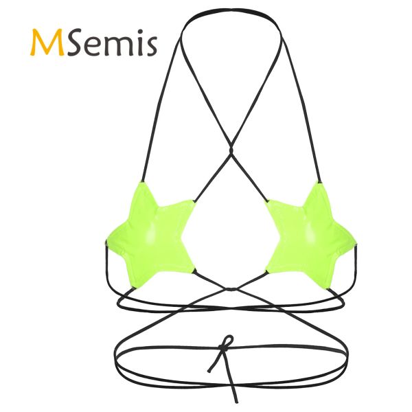 Womens Bikini Bra Tops Wet Look Patent Leather Lingerie Brassiere Halter Neck Strappy Wrap Around Star Shape Bralette Bra Top