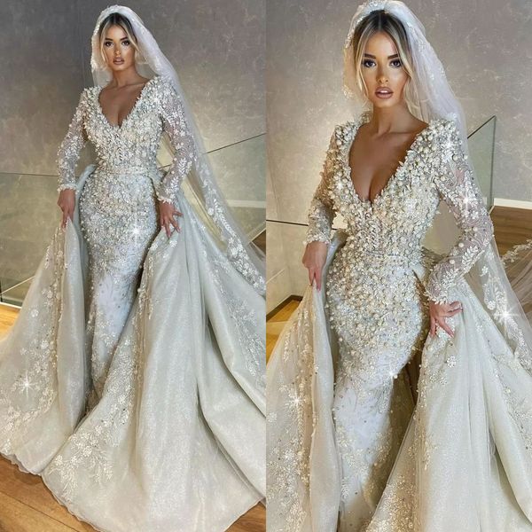 Mermaid Dresses Heavy Beading V Neck Long Sleeves Appliques Wedding Dress Overskirts Backless robe de mariee bridal gowns