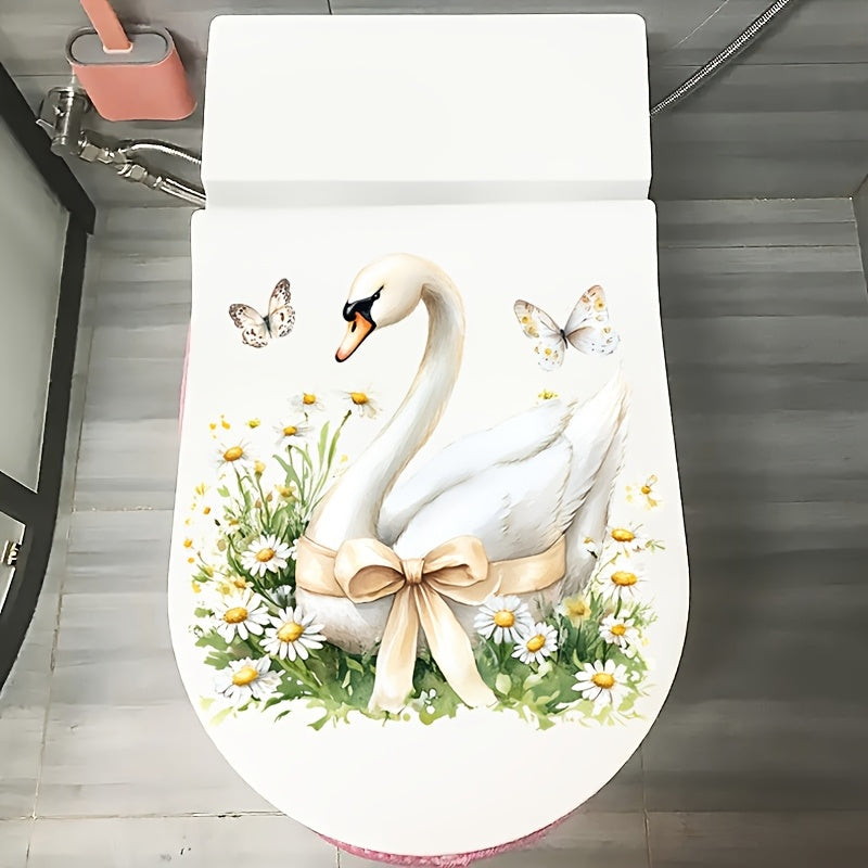 TEMU 1pc Romantic Swan Toilet Lid Decal, Animal Print Self-adhesive Sticker, Floral And , Semi-glossy Finish, Square Shape, With Single Use, For