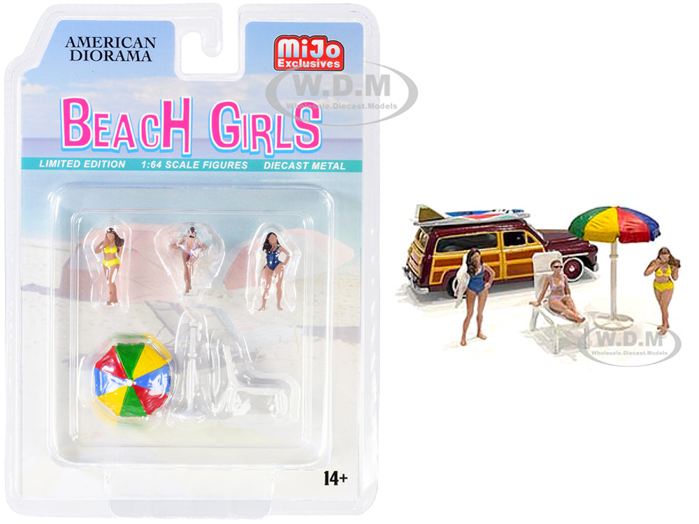 "Beach Girls" 5 piece Diecast Set (3 Figurines 1 Beach Chaise and 1 Beach Umbrella) for 164 Scale Models by American Diorama