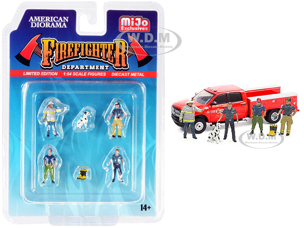 "Firefighter II" 6 piece Diecast Set (4 Figurines 1 Dog and 1 Accessory) for 164 Scale Models by American Diorama