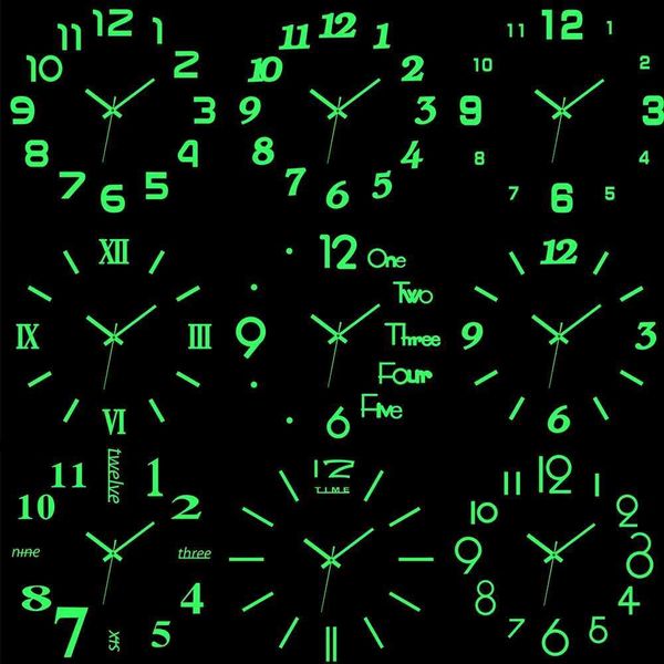 2022 New Luminous Wall Clock Multi Modal DIY Clock Acrylic Mirror Wall Paste Paper Frameless Silent Round Quartz Watch Home Decoration W2408