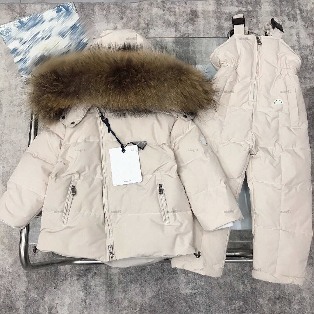 Brand designer baby Winter clothing high quality Warm suit for boys girl Size 0-12 Fur collar down jacket and strap down pants