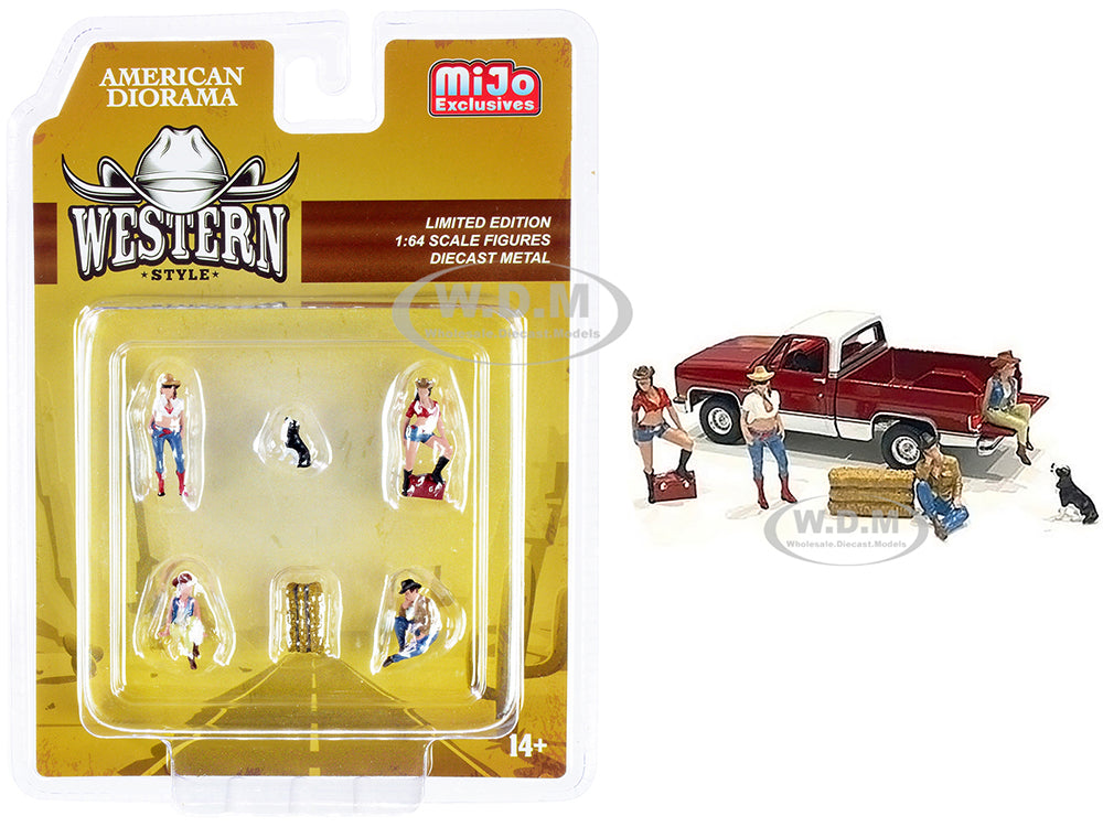 "Western Style" 6 piece Diecast Set (4 Figurines and 2 Accessories) for 1-64 Scale Models by American Diorama