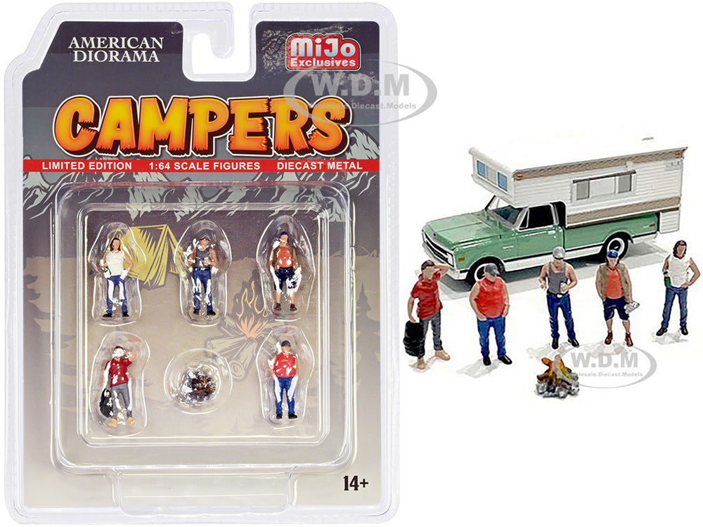 "Campers" 6 piece Diecast Set (5 Figurines and 1 Accessory) for 164 Scale Models by American Diorama
