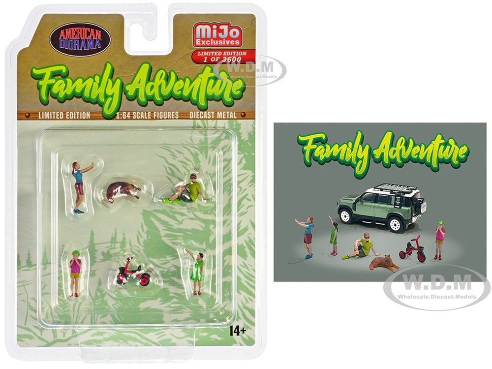 "Family Adventure" 6 piece Diecast Figure Set (4 Figures 1 Dog 1 Tricycle) Limited Edition to 3600 pieces Worldwide 164 Scale Models by American Dio