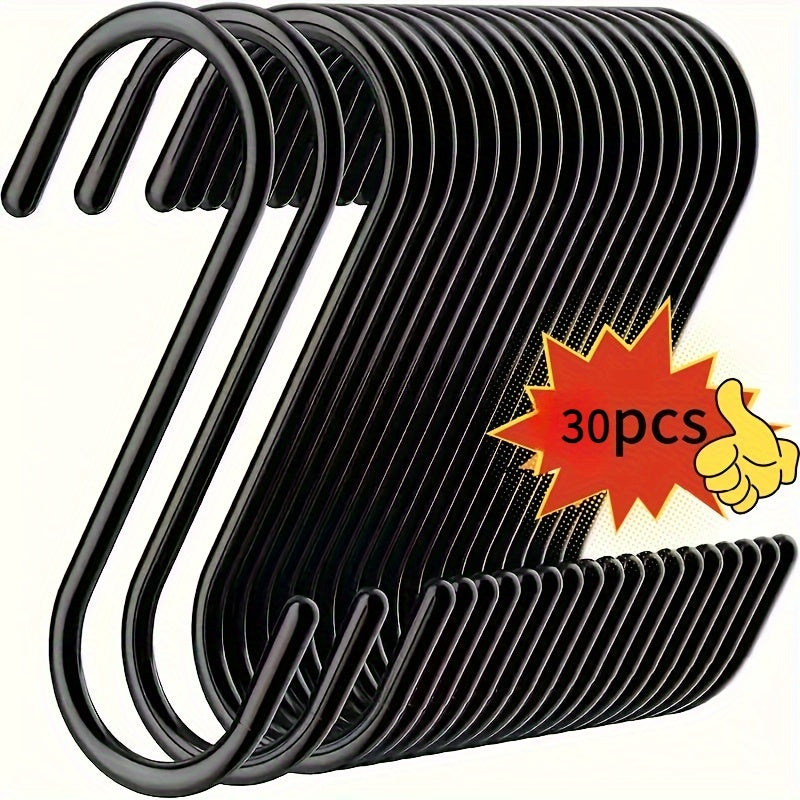 TEMU 30pcs Black Heavy Duty Stainless Steel S Hooks - Non-slip, Durable & Wall Hooks For Plants, Wardrobes, Gardens, Kitchen Accessories - Resistant,