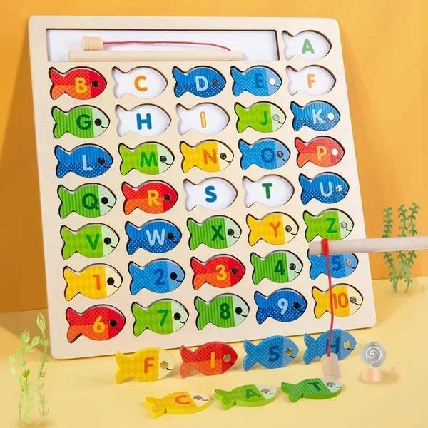 Montessori wooden letter cognitive fishing game toy colorful puzzle board early childhood education toy W250113