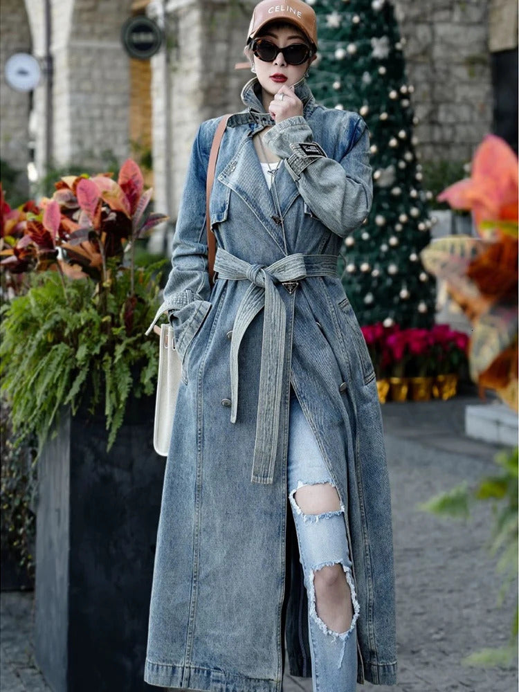 Autumn denim trench coat womens jeans collar long sleeved with patchwork work loose retro windproof jacket womens jacket 241031