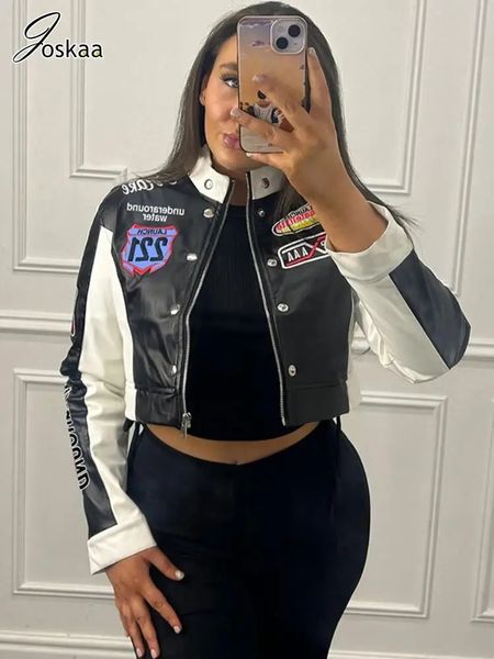 Joskaa Contrast Letter Print Baseball Jacket Women Hipster Long Sleeve Zipper Crop Coats Autumn Casual Outerwear Y2K Streetwear 241216