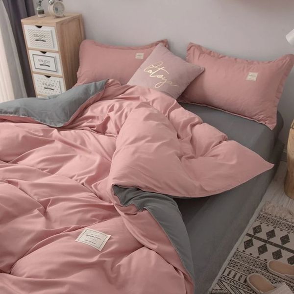 Simple Japanese Solid Color Pink Bedding Set Bed Cover Twin Full Queen Linen Girl Women Polyester Flat Sheet Pillowcase 241119