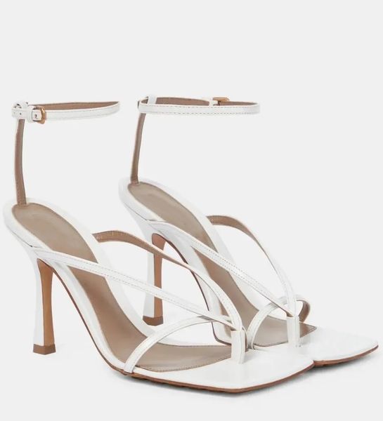 Famous Brand Stretch Strap Sandals Shoes Women Thong-style Calf Leather Nude Black White Pumps Party Dress Thong-style Gladiator Sandalias E