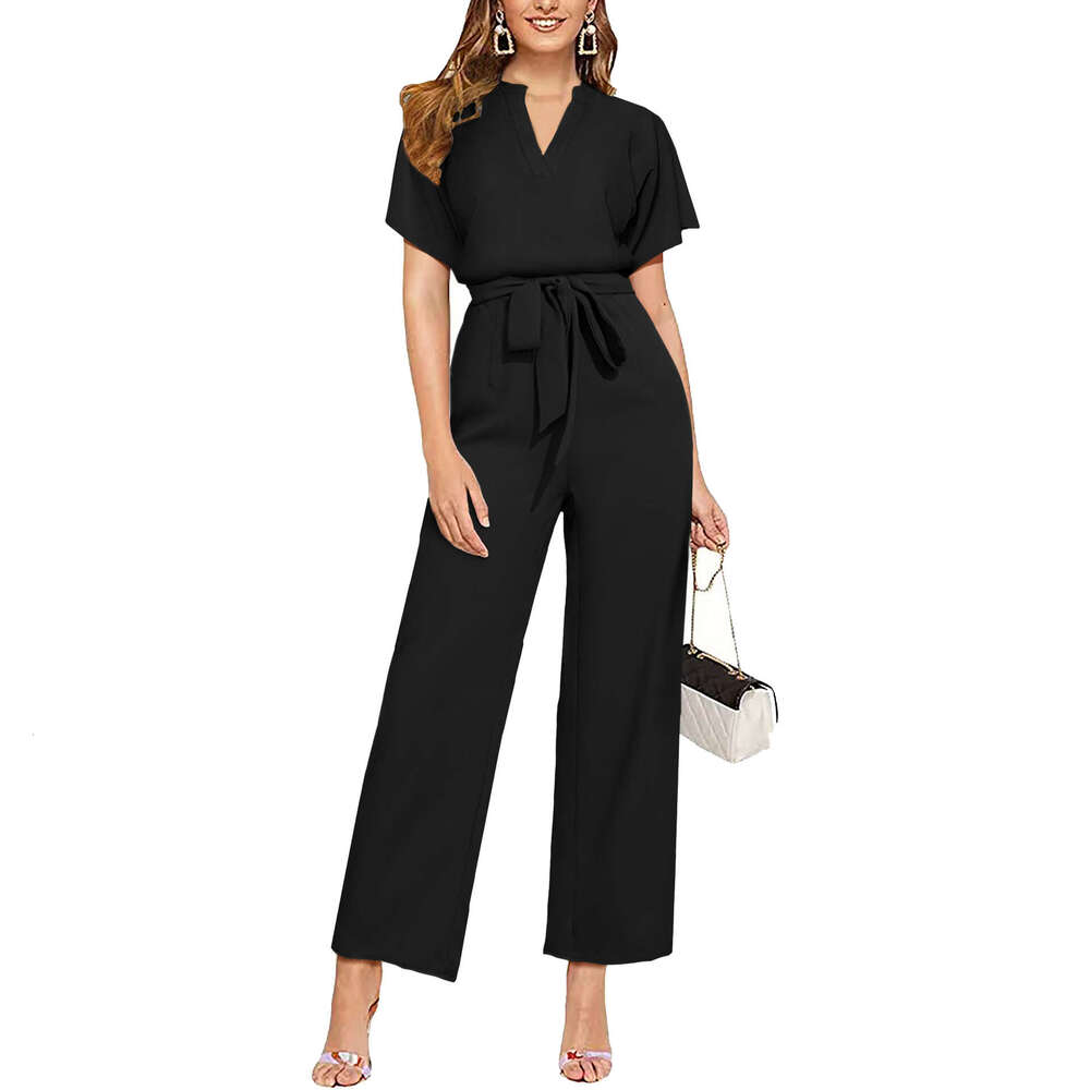 Wide Leg Jumpsuit Summer Solid Color V Neck Sleeveless Women S Jumpsuit Belt