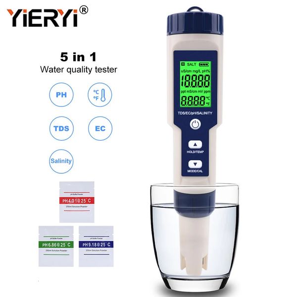 Yieryi 5 in 1 TDS EC PH Salinity Temperature Meter Digital Water Quality Monitor Tester for Spa Pools Aquariums 240320