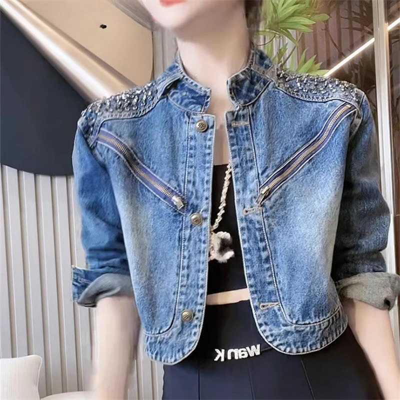 Women Trendy Vintage Y2K Streetwear Rhinestone Zipper Button Denim Jacket Casual Stand Collar Long Sleeve Outerwears Coat Z565X240920