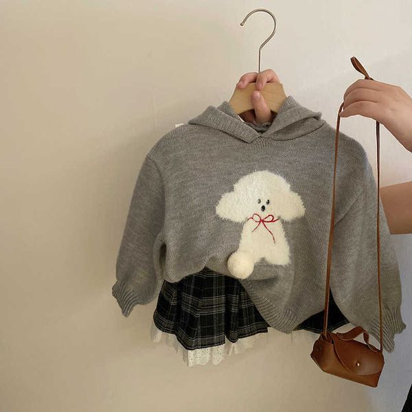 Sweet Beauty Childrens Conjunto 2024 Autumn New Hooded Capuz malha de capuz de renda de renda saia plissada na moda x241016