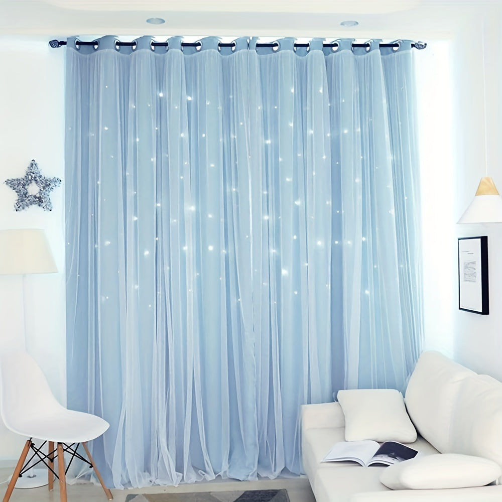 TEMU 2 Panel Double Cutout Star Blackout Curtains Tulle Covered Curtains, 39.3x78.7 Inches