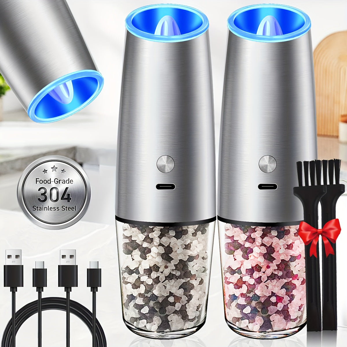 TEMU 2pcs Usb Rechargeable Salt And Pepper Grinder Electric Salt And Pepper Mill & Adjustable Coarseness Automatic Salt Grinders Spice Shakers With