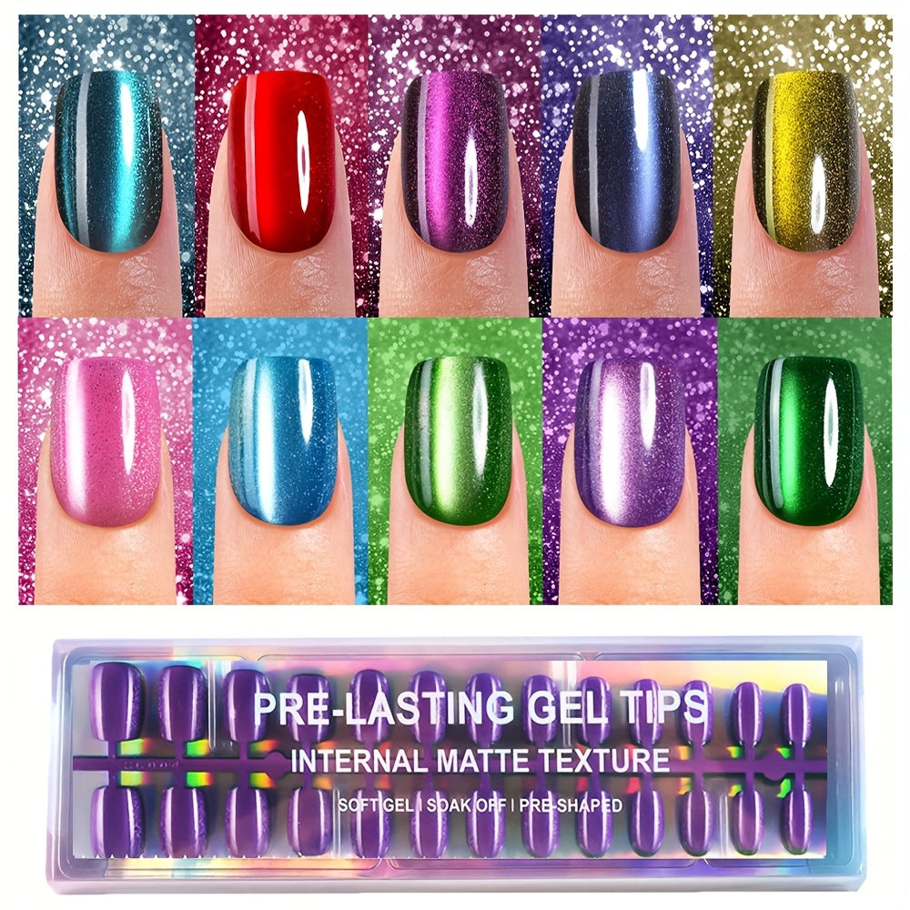 TEMU 300pcs French Gel Cat Eye Press-on Nails - Short Square 15+ Colors, Glossy Acrylic Glitter Fake Nails For Women, 3-in-1 Nail Stickers With