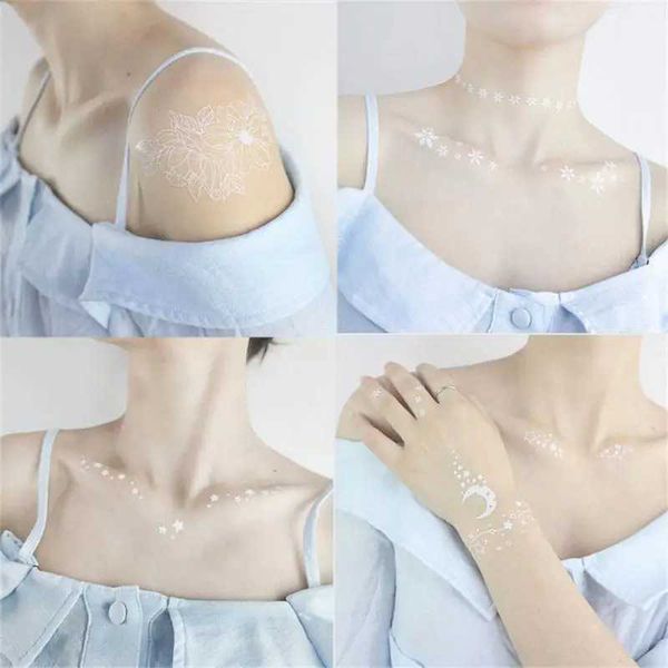 Tattoo Transfer waterproof temporary tattoos face neck water transfer white henna tattoo fake moon star lace tattoo designs stickers decal 2