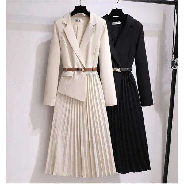 Women&#039;s Casual Dresses designer pleated belt patchwork one piece blazer dress fashion senior sense of long sleeve V-neckline belt simpl