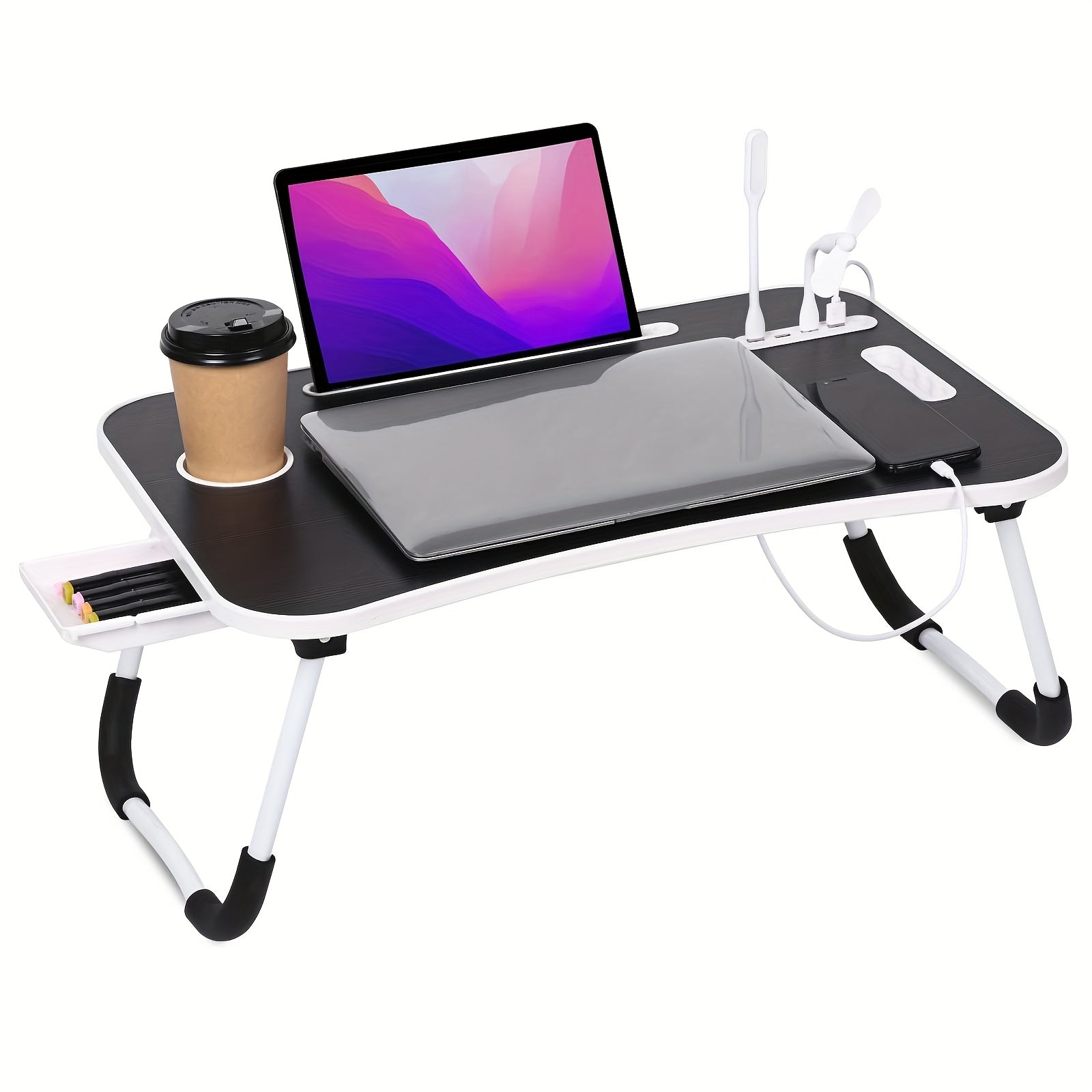 TEMU Folding Laptop Desk With Usb Ports, Drawer, Pad & Cup Holder For Laptops Up To 17"– Bonus Mini Usb Lamp & Fan