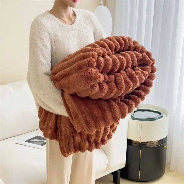 Ultra Soft Faux Rabbit Fur Throw Blanket Warm Plush Striped Blankets Conditioning Quilt Fluffy Throws for Couch Chair SofaC241223
