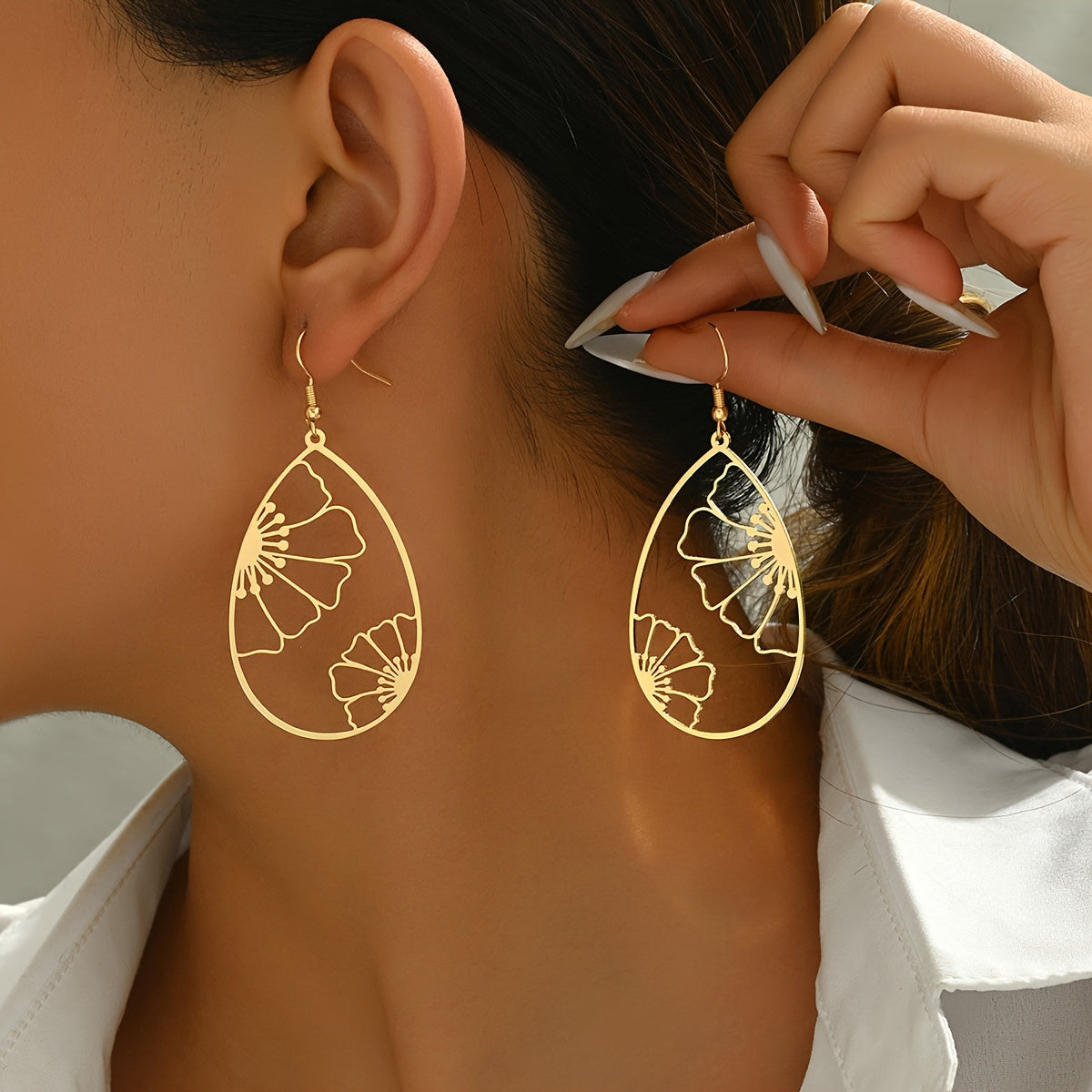 TEMU Elegant Hollow Water Drop Flower Dangle Earrings - Chic & , Casual Attire, Novelty Earrings, Luxury,