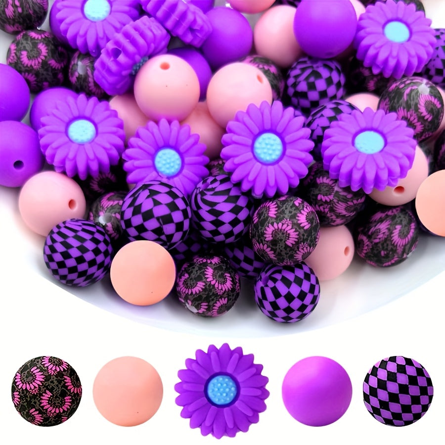 TEMU 50pcs Silicone Flower Beads For Diy Crafts - Purple Sunflower Design With Accents, Options (purple, Pink, Black, Blue) For Keychains, Bracelets,