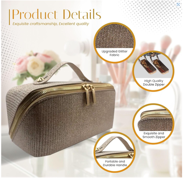 Makeup Bag Large Capacity Cosmetic Bags for WomenWaterproof Portable Pouch Open Flat Toiletry Bag Make up Organizer with Divider and Handle