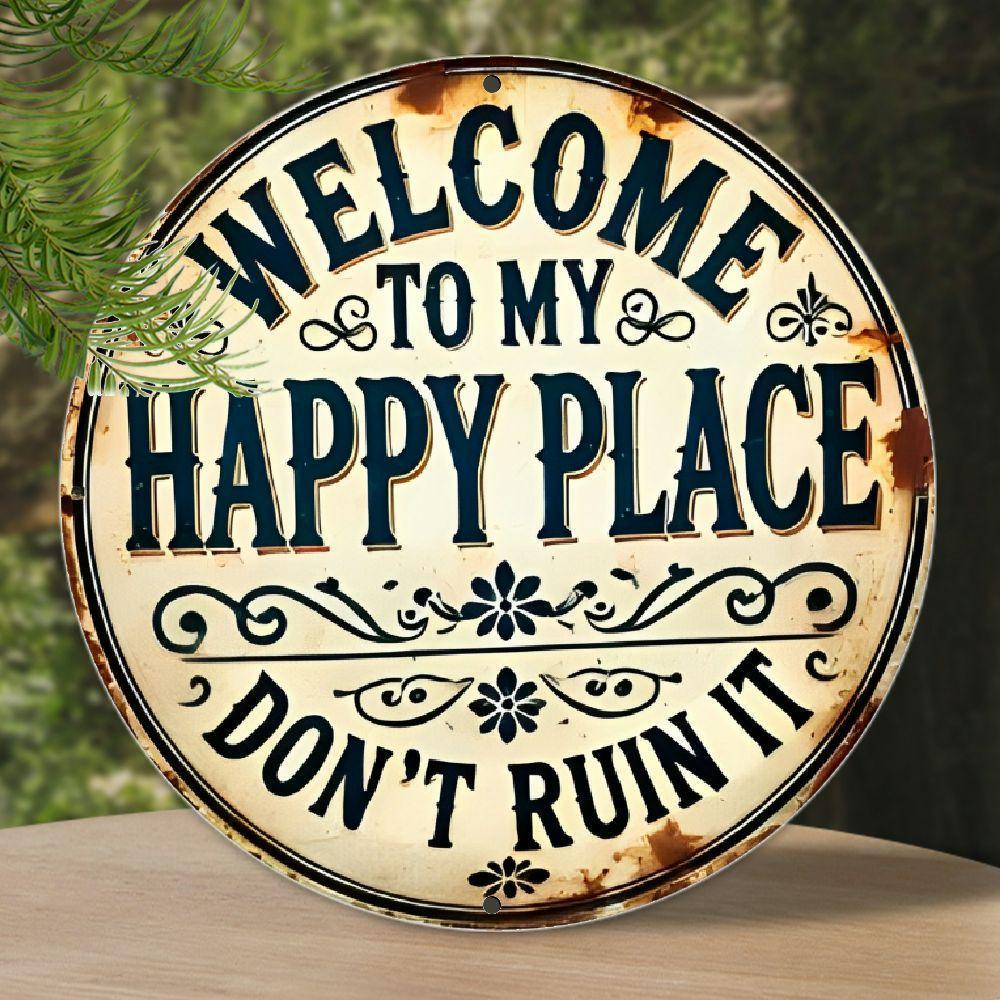 TEMU 2d Flat, Welcome To " Vintage Round Metal Sign - Rustic Wall Decor With Blue Lettering, Durable Aluminum, For Home, Office, Or Garden, Unique