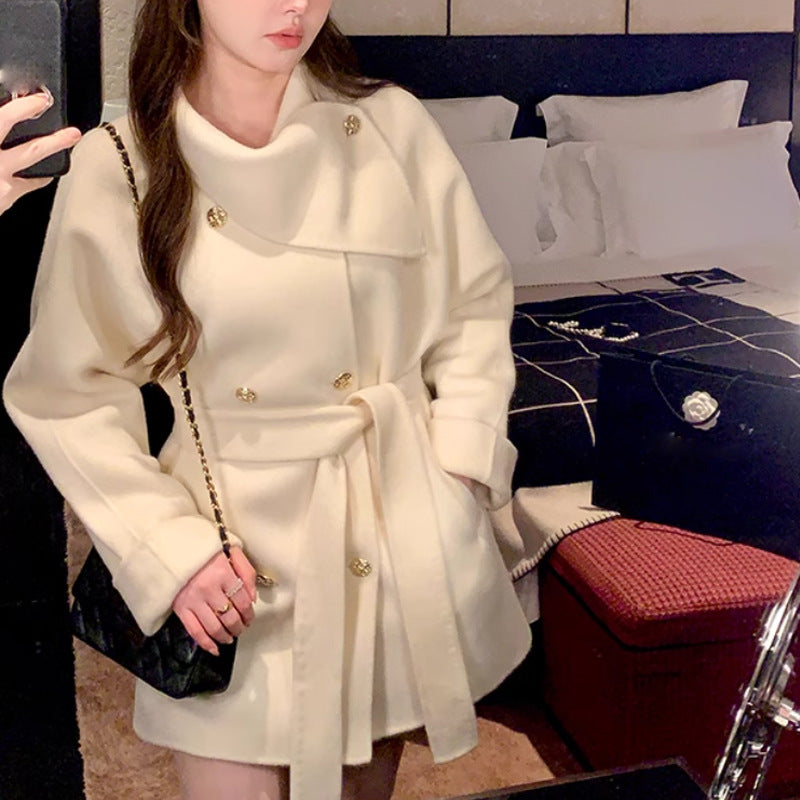 D10022Temperament French style thousand gold coat for women autumn and winter single-sided woolen scarf collar tie white woolen coat waist slimming