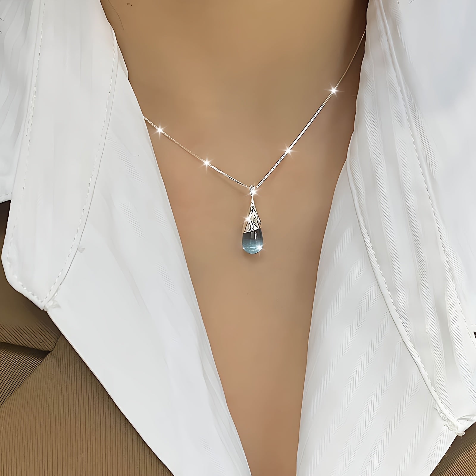 TEMU 925 Sterling Silver Vintage Blue Teardrop Pendant Necklace, Elegant Blue Teardrop Necklace, Vintage Boho Jewelry For Women, Casual Attire,