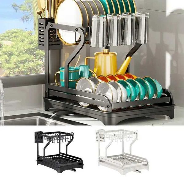 Utensil Racks 2 Layer Kitchen Drying Rack Multi-functional bowl Dish Drainers for Cups Chopsticks Forks Anti-Rust Metal Utensil accessories