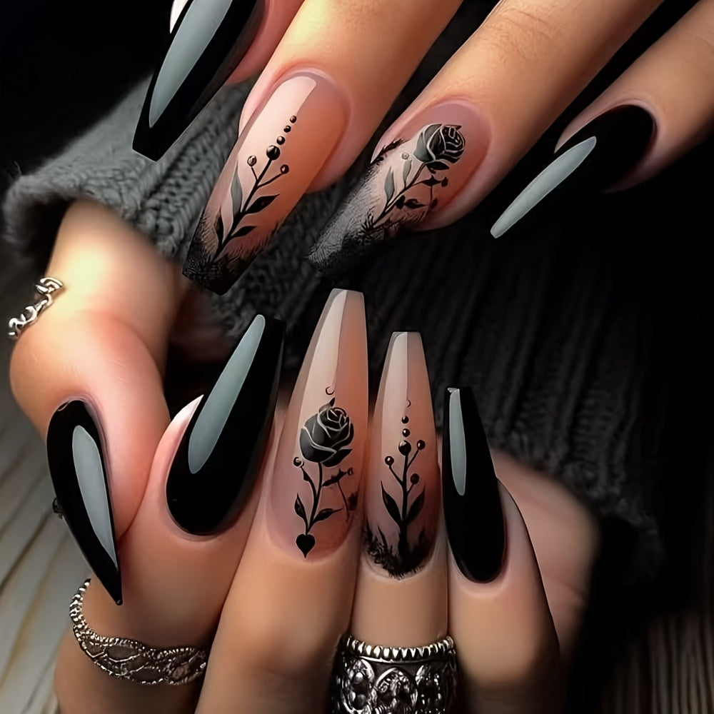 TEMU 24pcs Ballet-style Long Nail Extensions With - Glossy Finish, Black & Peach, Women And Girls, Festive Nail Art | Elegant Nail Design | Glossy