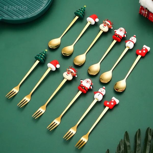 246 Christmas Spoon and Fork Set Stainless Steel Creative Tablet Coffee Tea Dessert Exquisite Gift Box 240927
