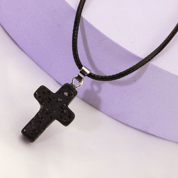 natural Black Lava Stone cross Necklace Aromatherapy Essential Oil Perfume Diffuser Pendant PU Chain Necklace Women men Jewelry