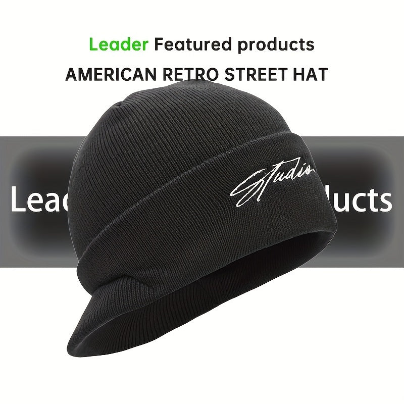 TEMU Vintage-inspired Embroidered Beanie With Brim - Perfect For Casual Attire, , Hiking, Skiing & Cycling - Black Acrylic, Winter Camping Gear