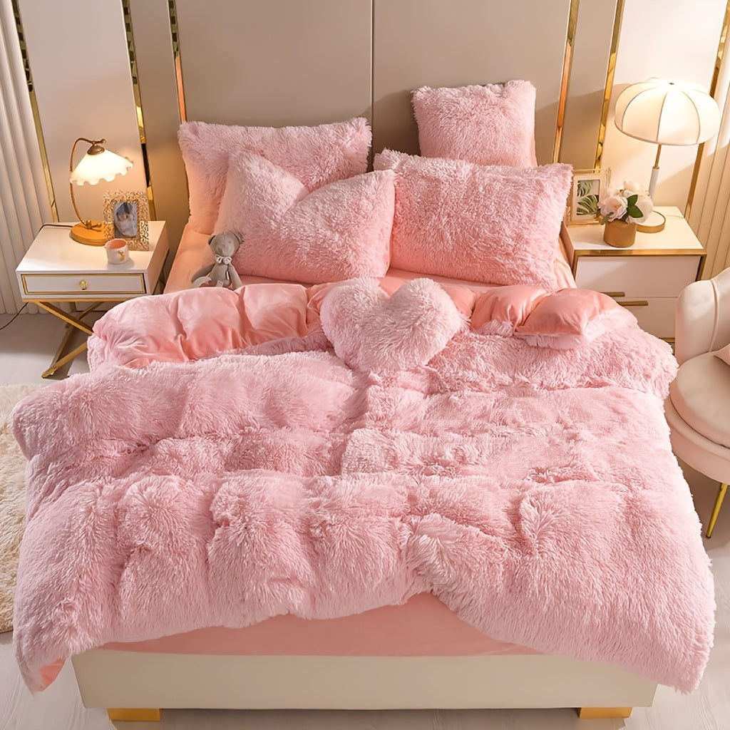 TEMU Luxury Soft Fluffy Bedding Set 4pcs Fluffy Plush Queen-king Bedding Set | 1 Duvet Cover + 1 Bed Sheet + 2 Pillowcases | Thermal For Home, Dorm,