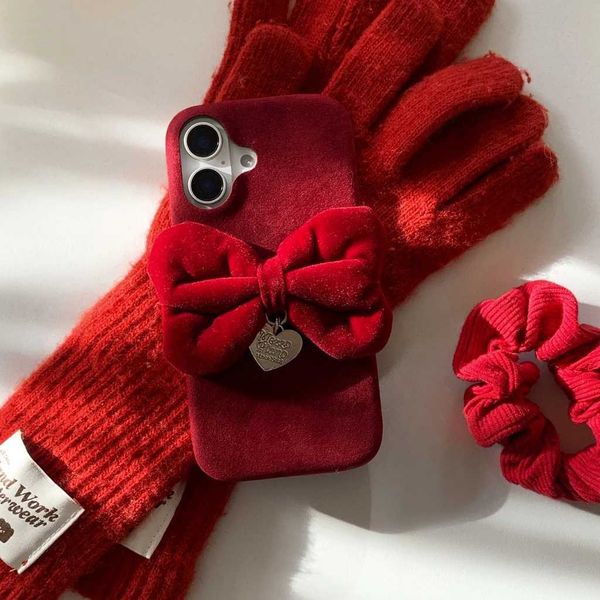 High Quality Autumn Winter Red Plush Big Bowknot shockproof protective phone case suitable for iPhone 16 15 13 Pro Max O241209