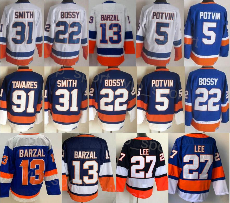 Men Ice Hockey 13 Mathew Barzal Jersey 27 Anders Lee Blank Vintage 22 Mike Bossy 5 Denis Potvin 31 Billy Smith 91 John Tavares Retro Stadium Series