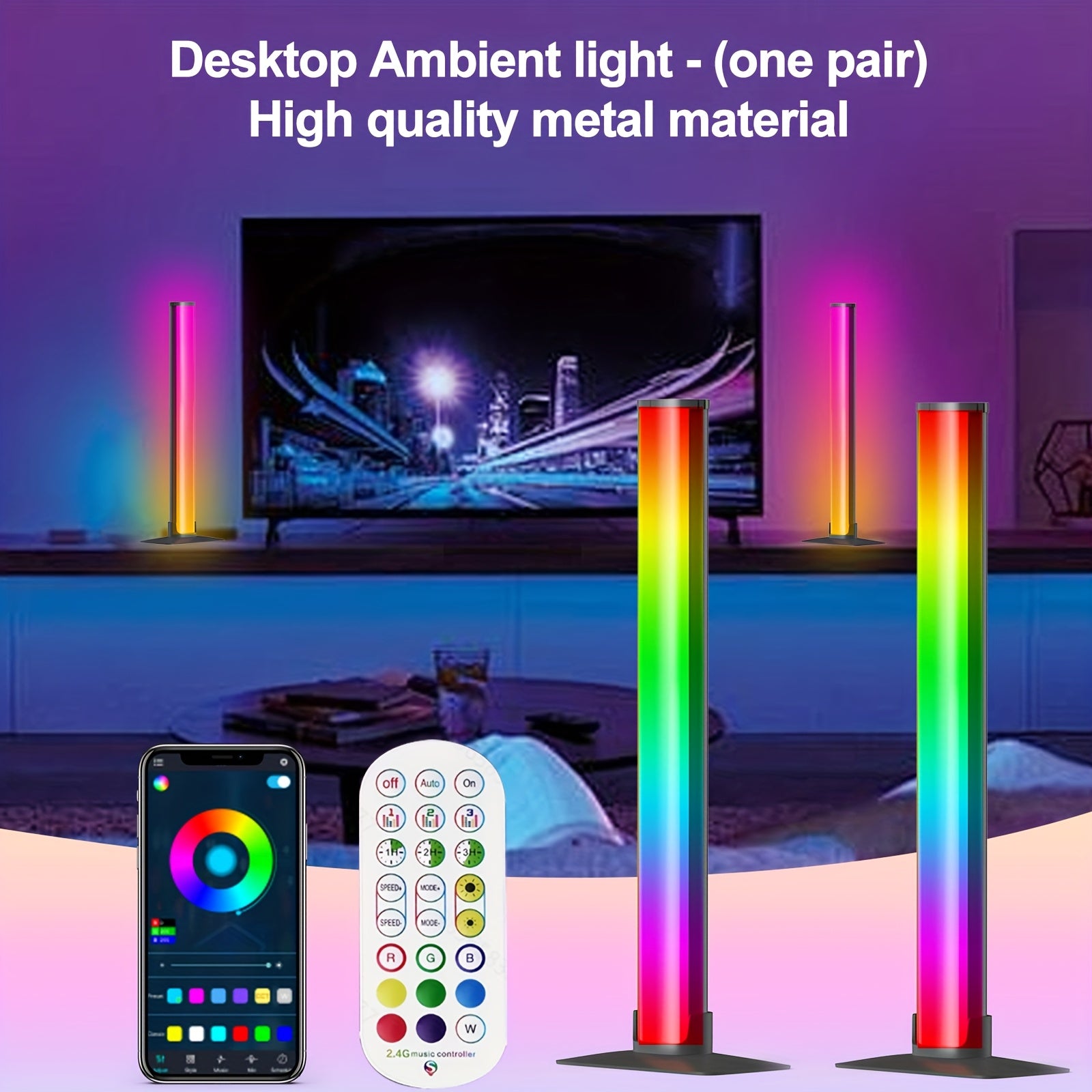 TEMU 2 Desktop Ambient Lights. Night Light. Colorful Effect With Rgb+ic, Music Synchronization, Alloy Material Lamp Body, Remote Control+smart App