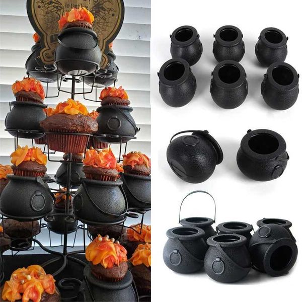 6-12pcs Mini Black Candy Kettles Witch Cauldron Pot Candy Buckets Holder for Kids trick or treat Favors Halloween Party decor Y240817