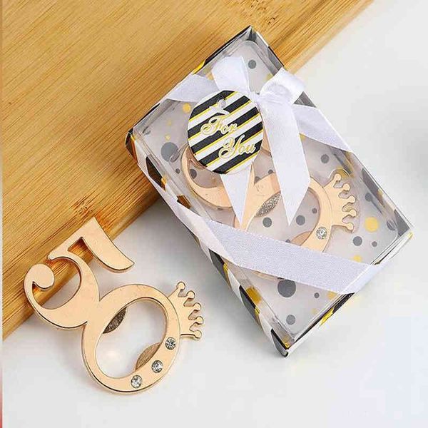 50pcs Wedding Anniversary Party Present Gold Imperial Crown Digital 50 Bottle Opener in Gift Box Chrome 50th Beer Openers